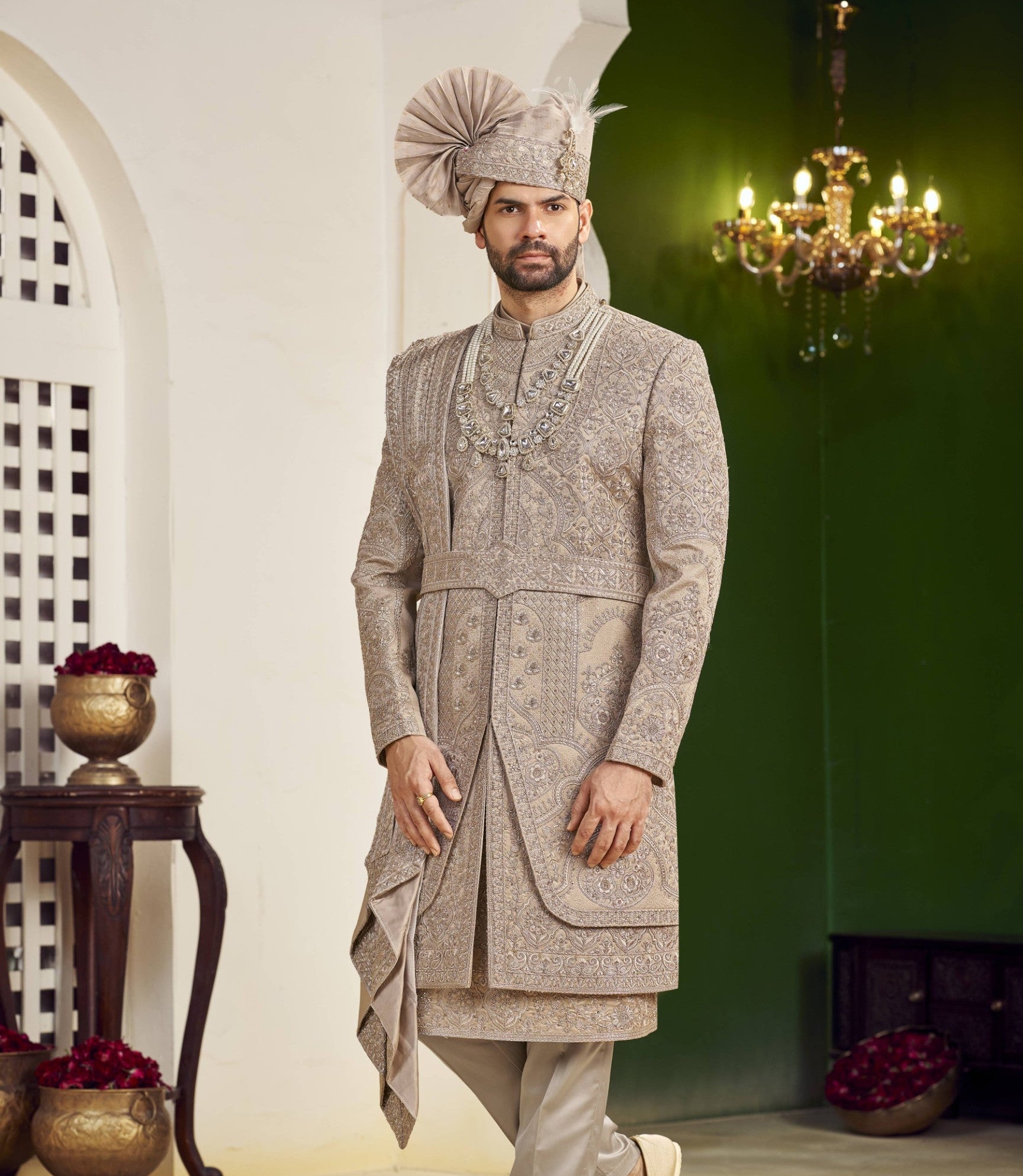 Champagne Golden Wedding Groom Sherwani - 2 Layer Design  | Sherwani For Men