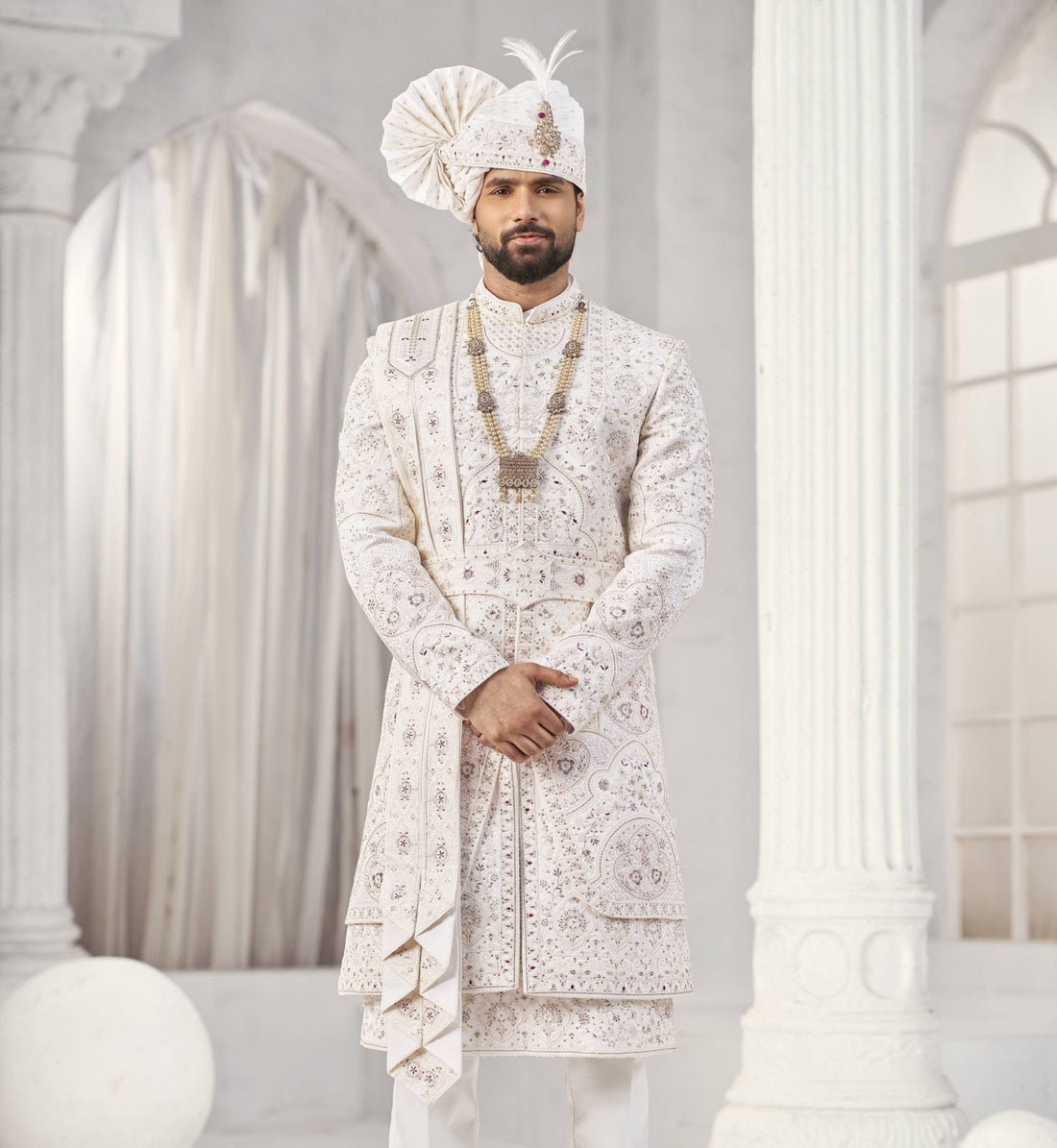 White Wedding Groom Sherwani - 2 Layer,  Inner Kurta Design | Sherwani For Men