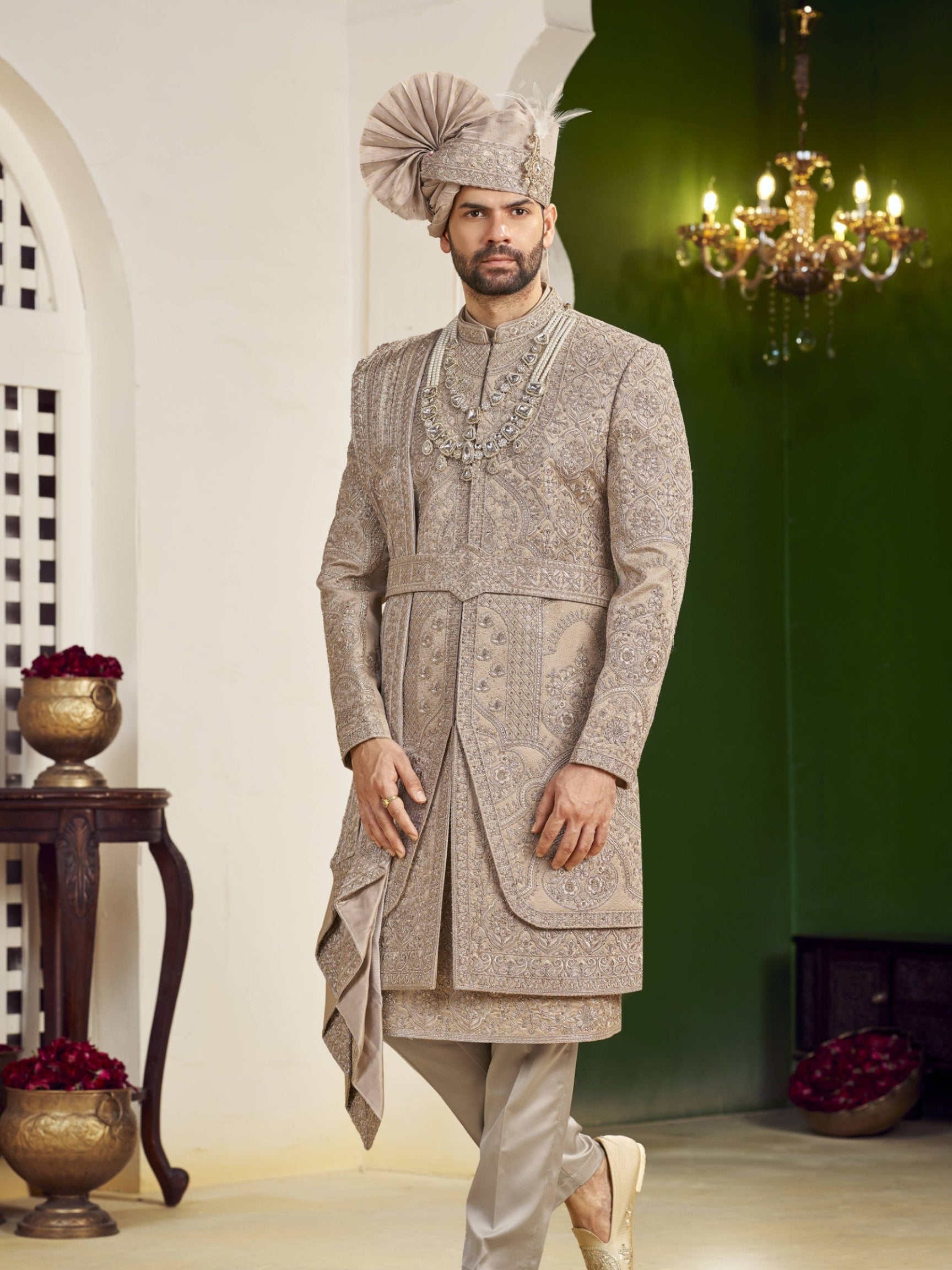 Champagne Golden Wedding Groom Sherwani - 2 Layer Design  | Sherwani For Men
