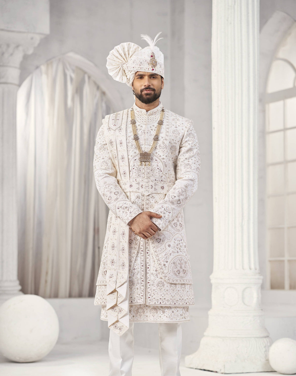 White Wedding Groom Sherwani - 2 Layer,  Inner Kurta Design | Sherwani For Men