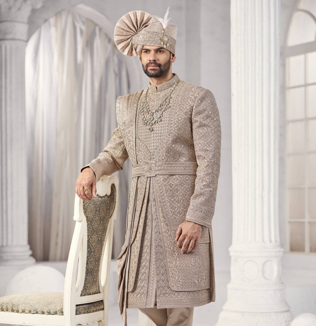 Champagne Golden Wedding Groom Sherwani - 3 Layer Design  | Sherwani For Men