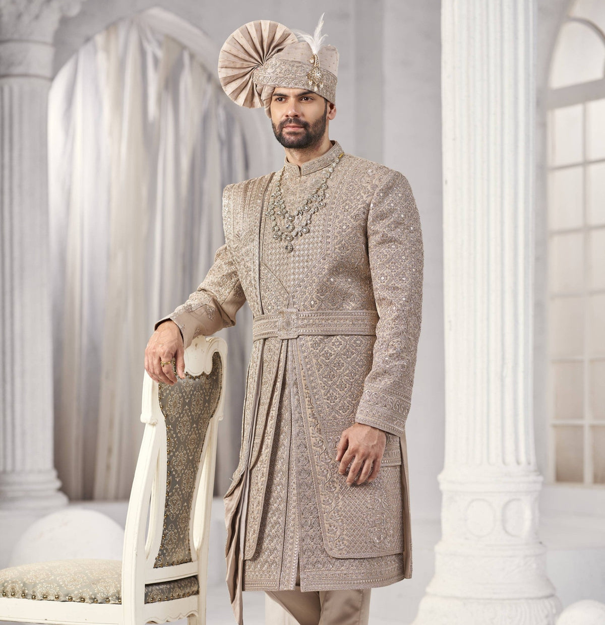 Champagne Golden Wedding Groom Sherwani - 3 Layer Design  | Sherwani For Men