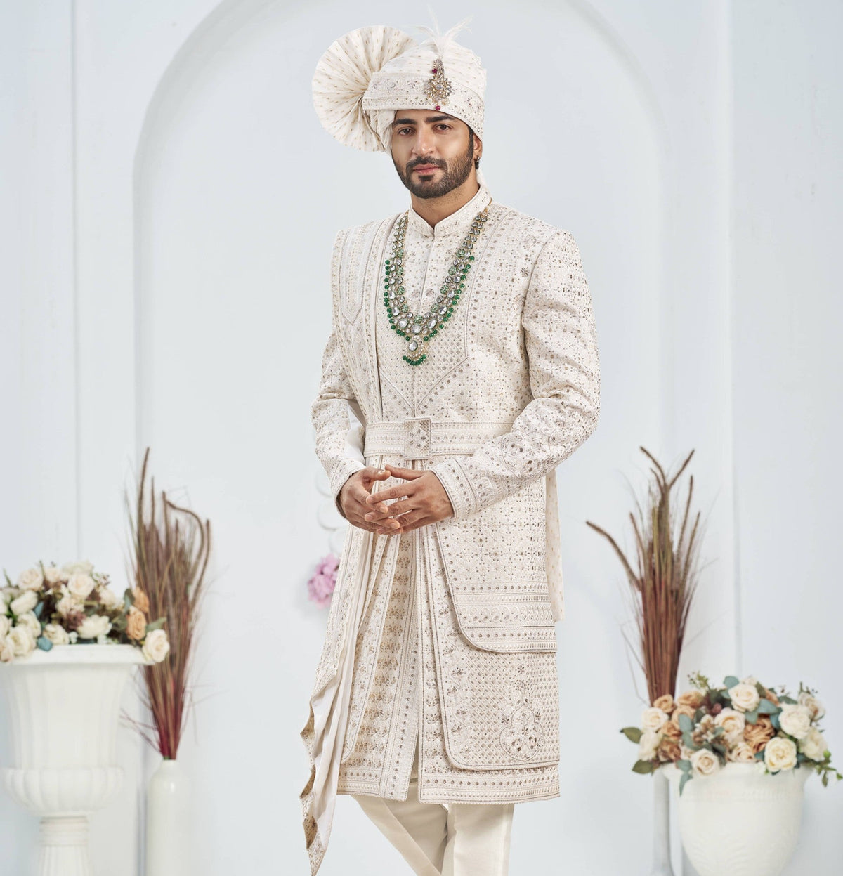 White Wedding Groom Sherwani - 3 Layer Design | Sherwani For Men