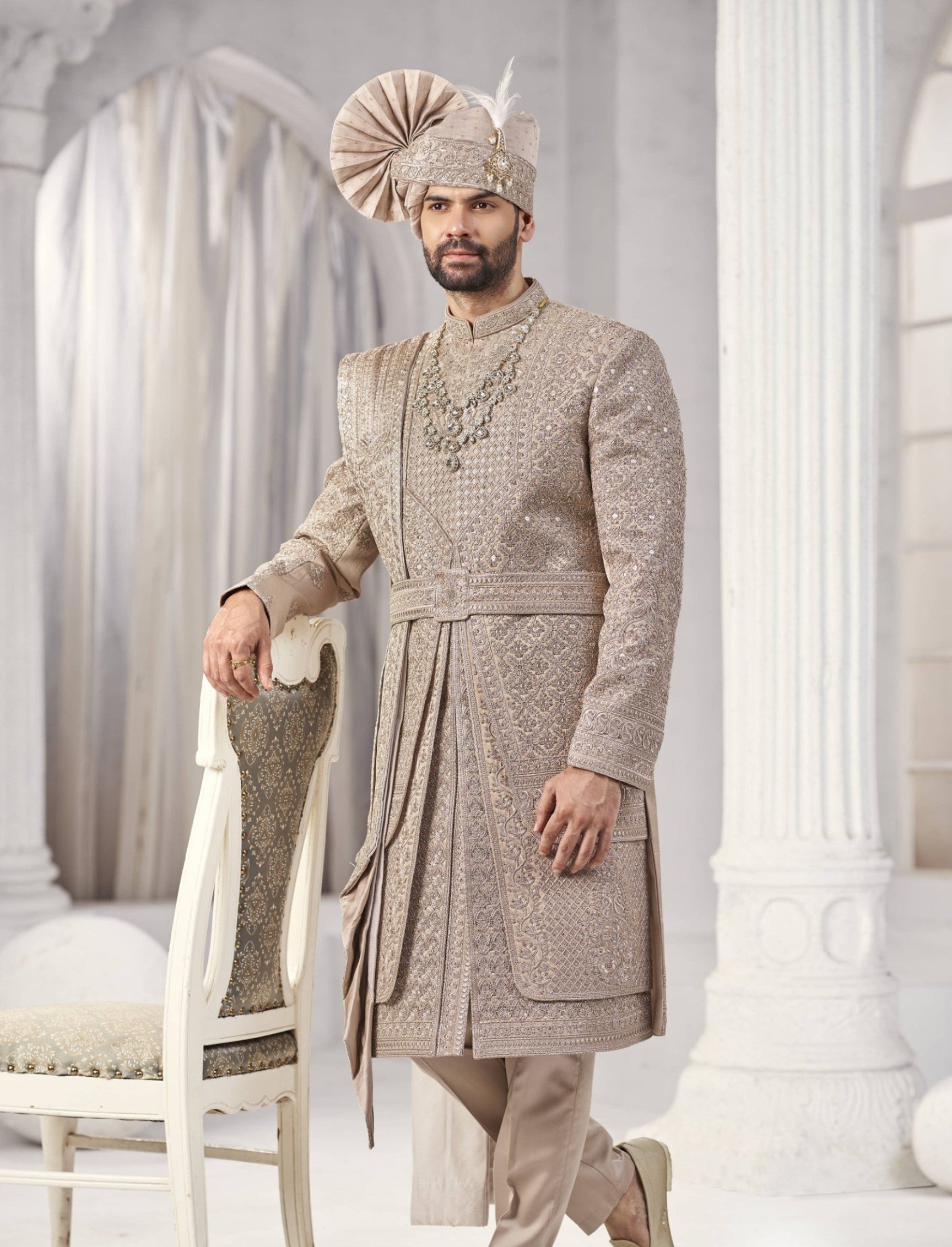 Champagne Golden Wedding Groom Sherwani - 3 Layer Design  | Sherwani For Men