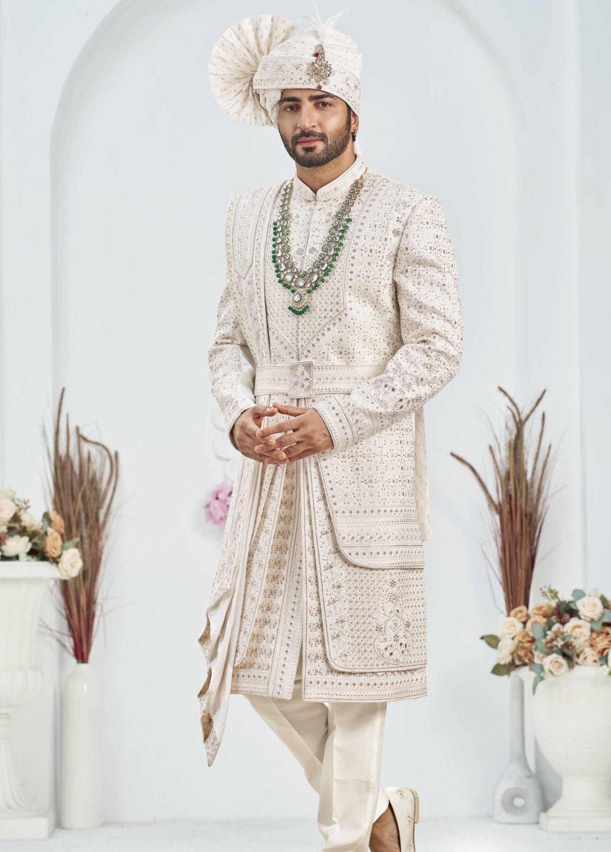 White Wedding Groom Sherwani - 3 Layer Design | Sherwani For Men
