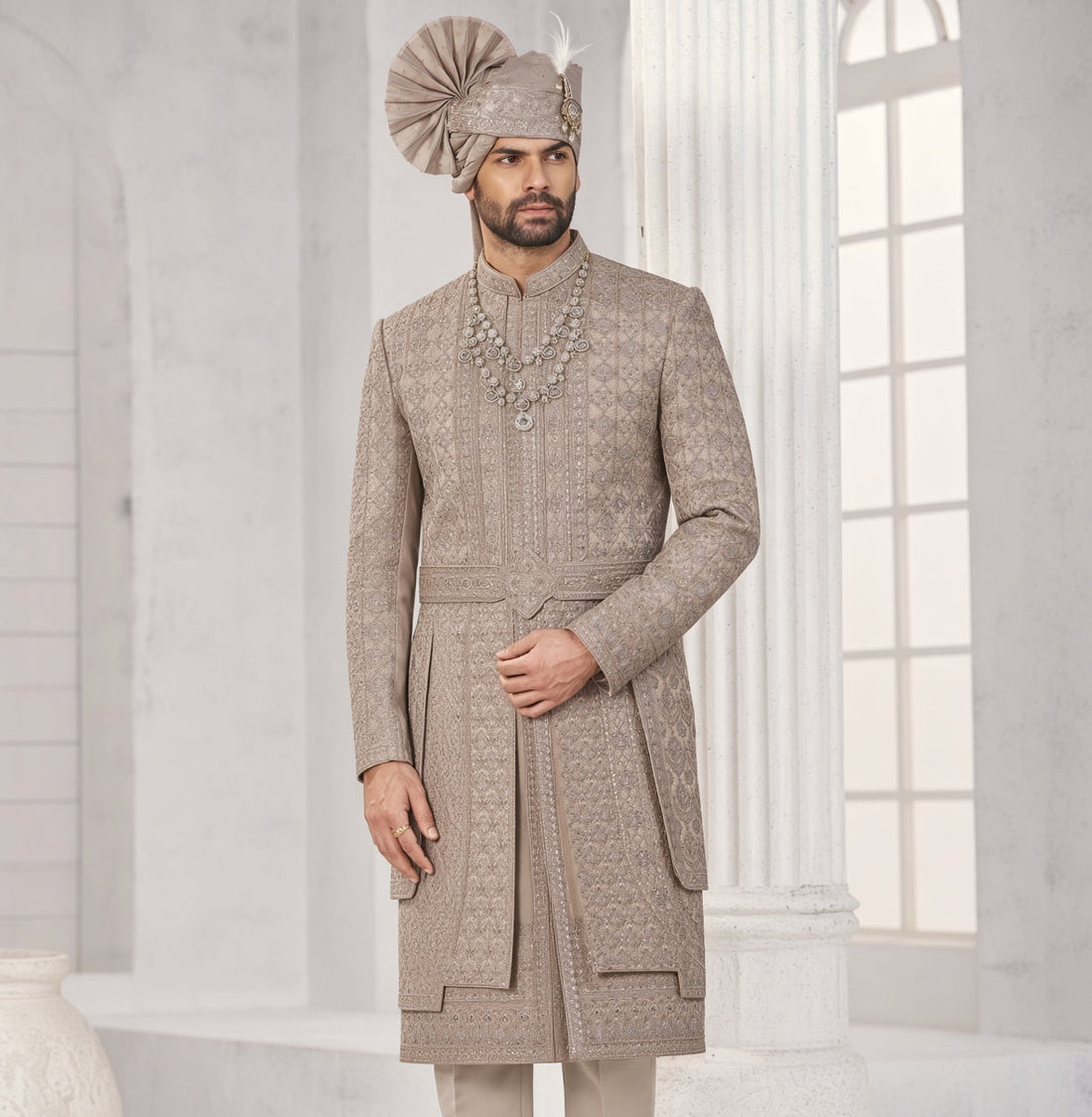 Champagne Golden Wedding Groom Sherwani - 3 Layer Design  | Sherwani For Men