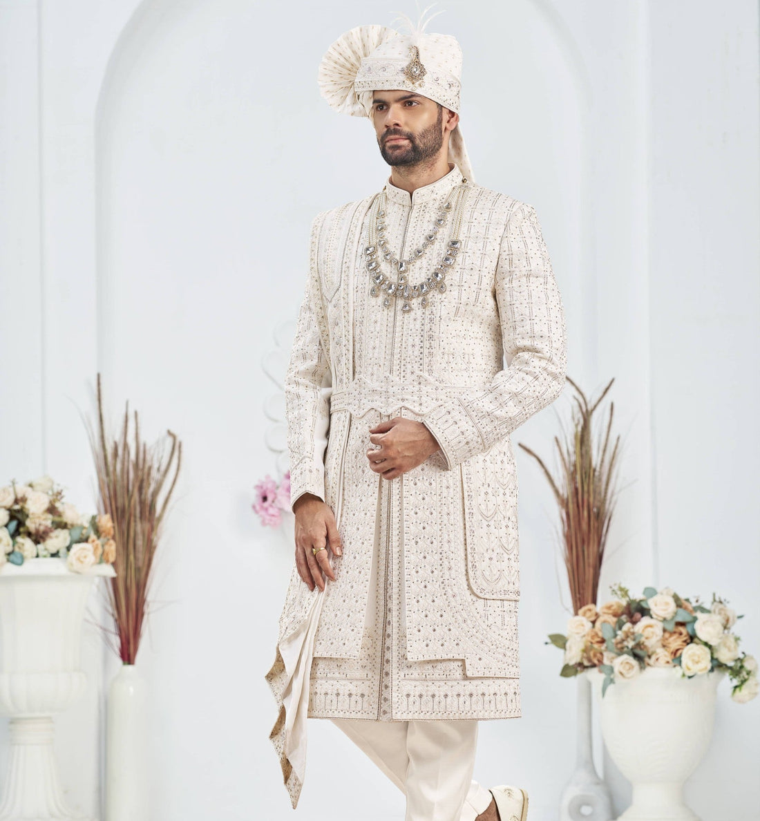 White Wedding Groom Sherwani - 3 Layer Design | Sherwani For Men