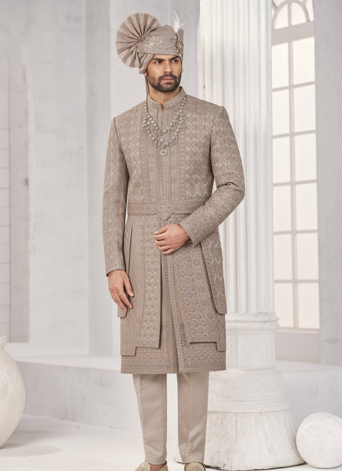 Champagne Golden Wedding Groom Sherwani - 3 Layer Design  | Sherwani For Men