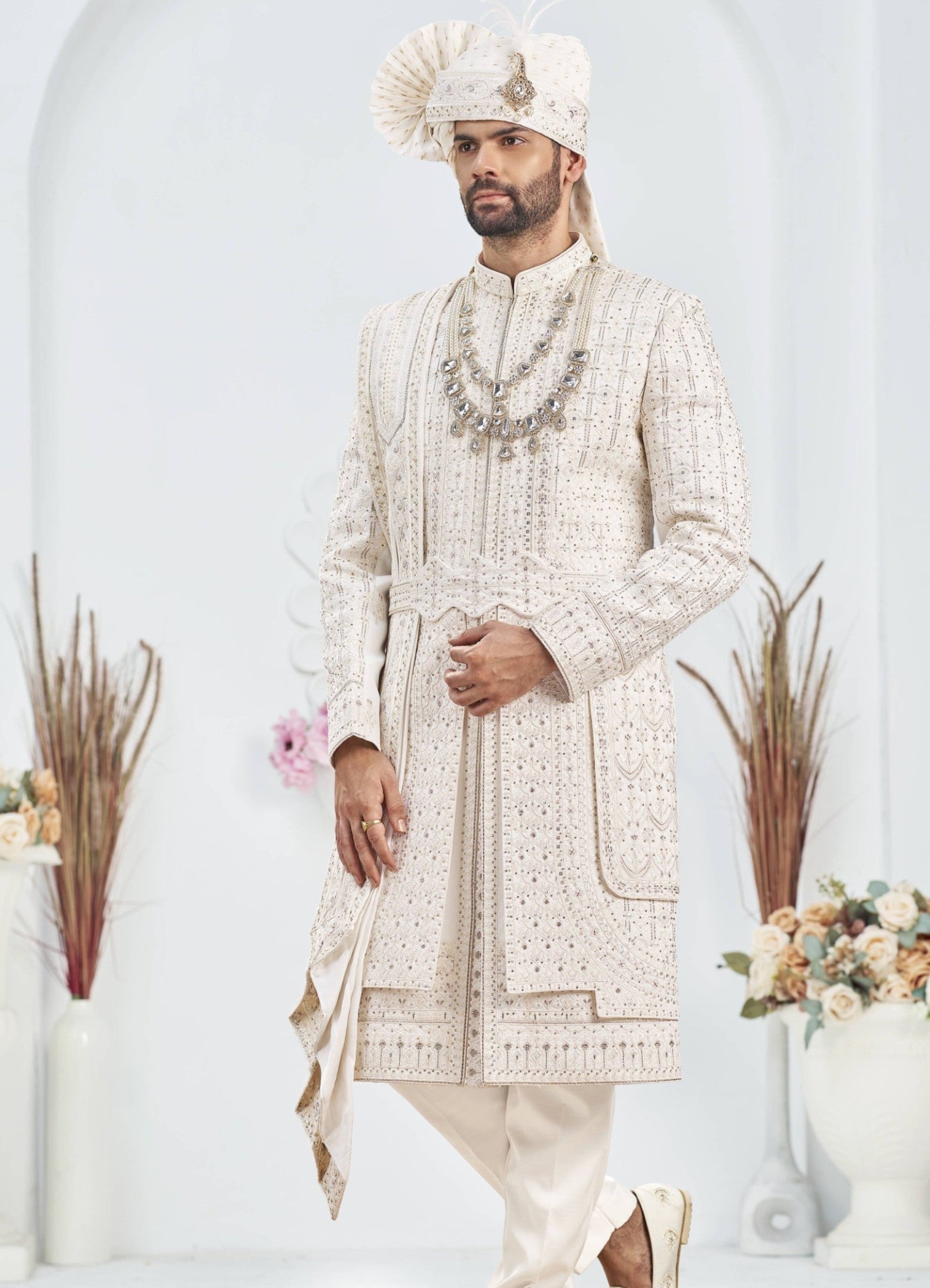 White Wedding Groom Sherwani - 3 Layer Design | Sherwani For Men