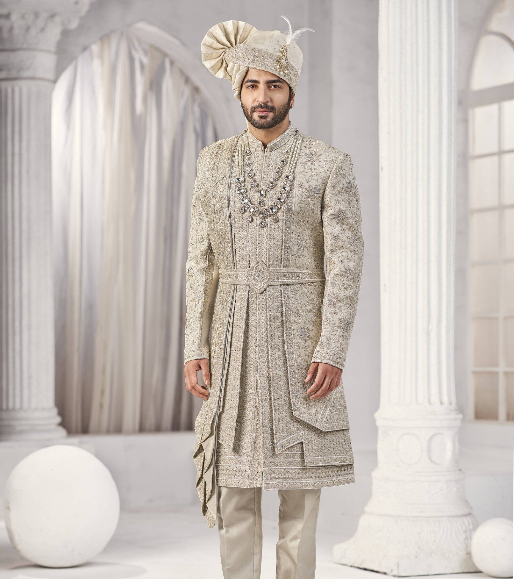 Champagne Golden Wedding Groom Sherwani - 3 Layer Design  | Sherwani For Men