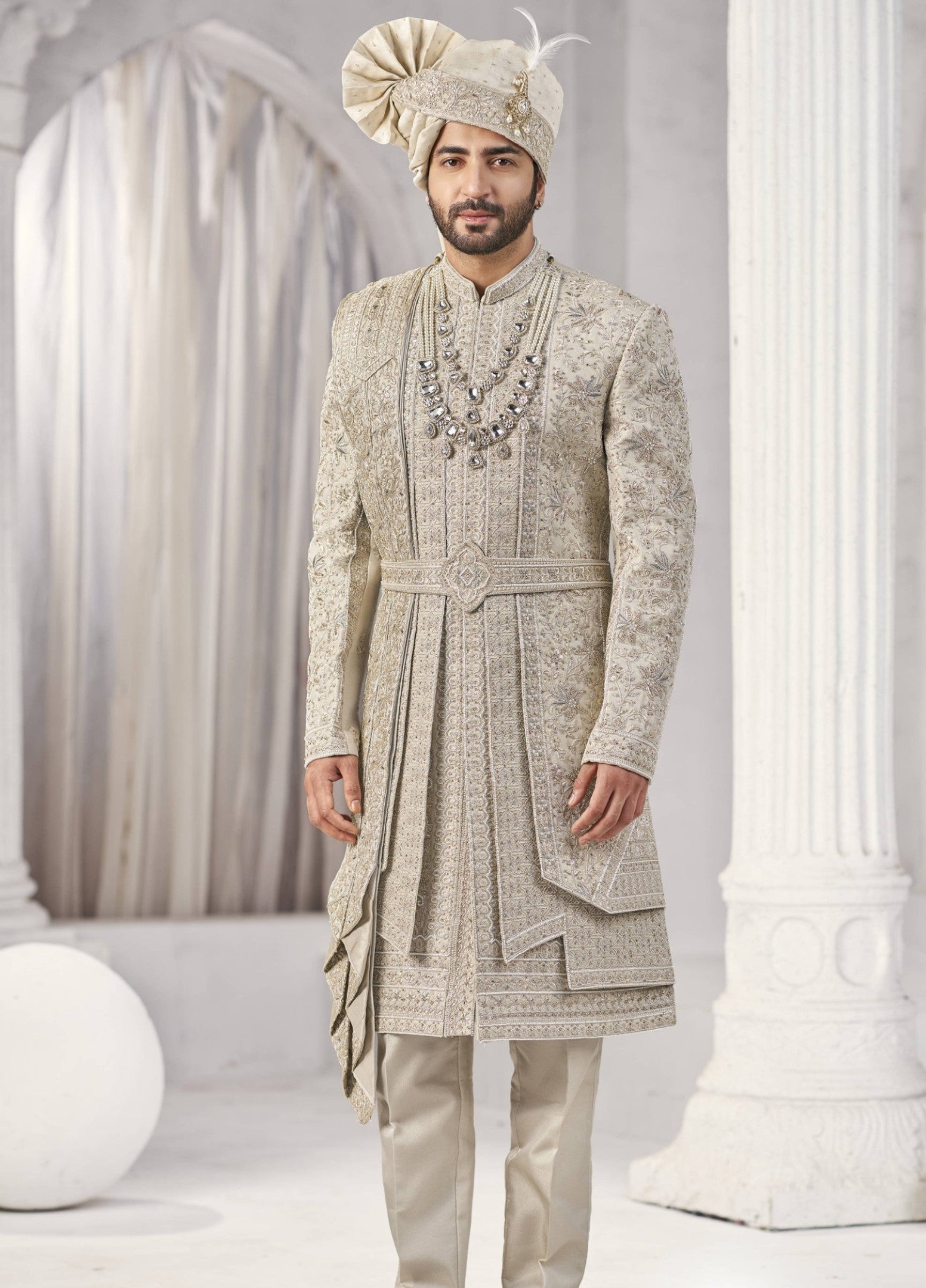Champagne Golden Wedding Groom Sherwani - 3 Layer Design  | Sherwani For Men