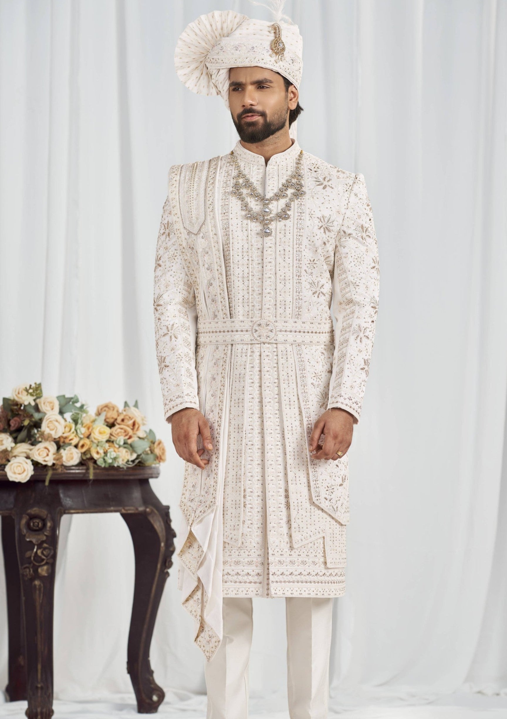 White Wedding Groom Sherwani - 3 Layer Design | Sherwani For Men