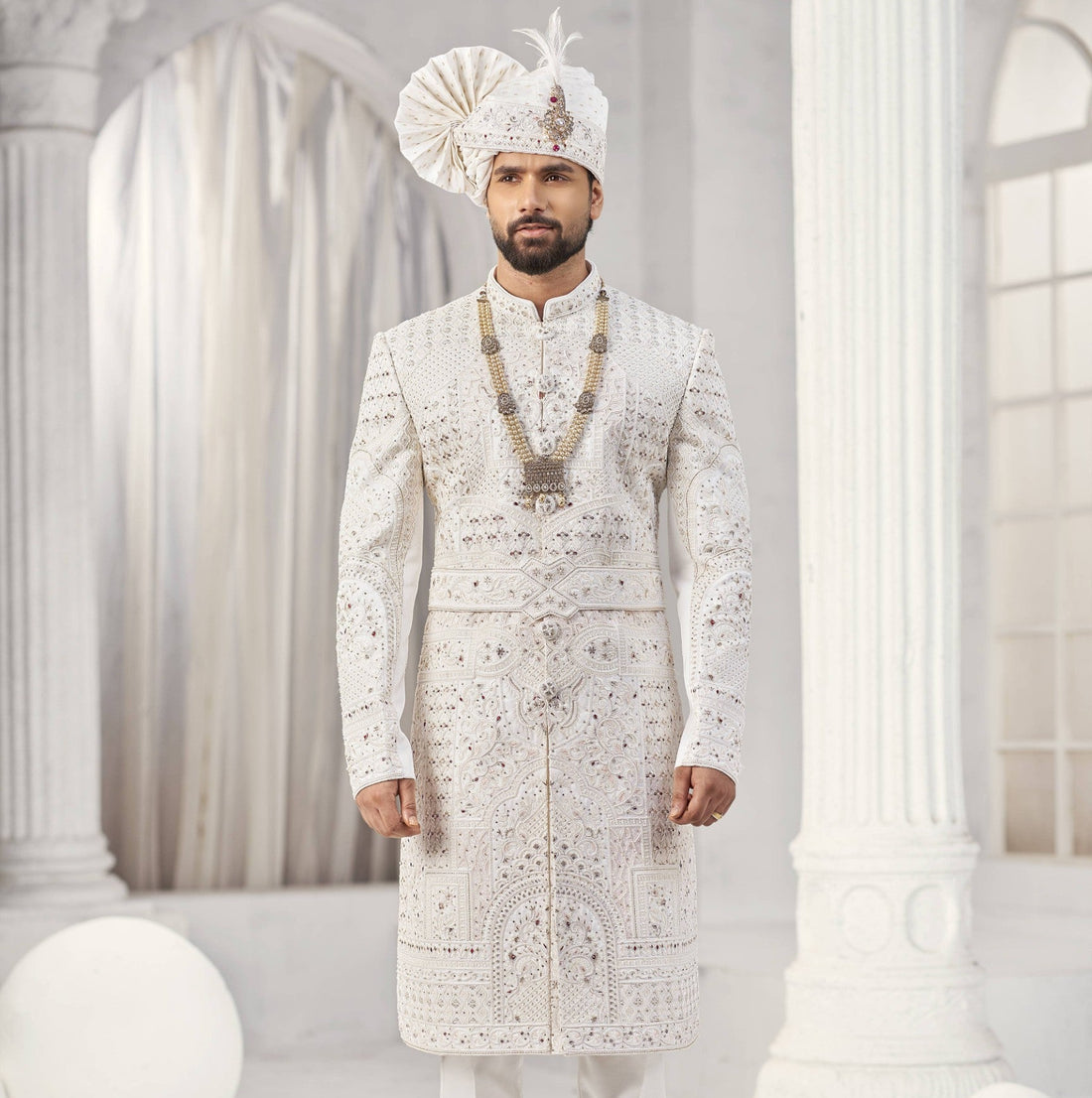 White Wedding Groom Sherwani - Zarkan, Cutdana Work | Sherwani For Men
