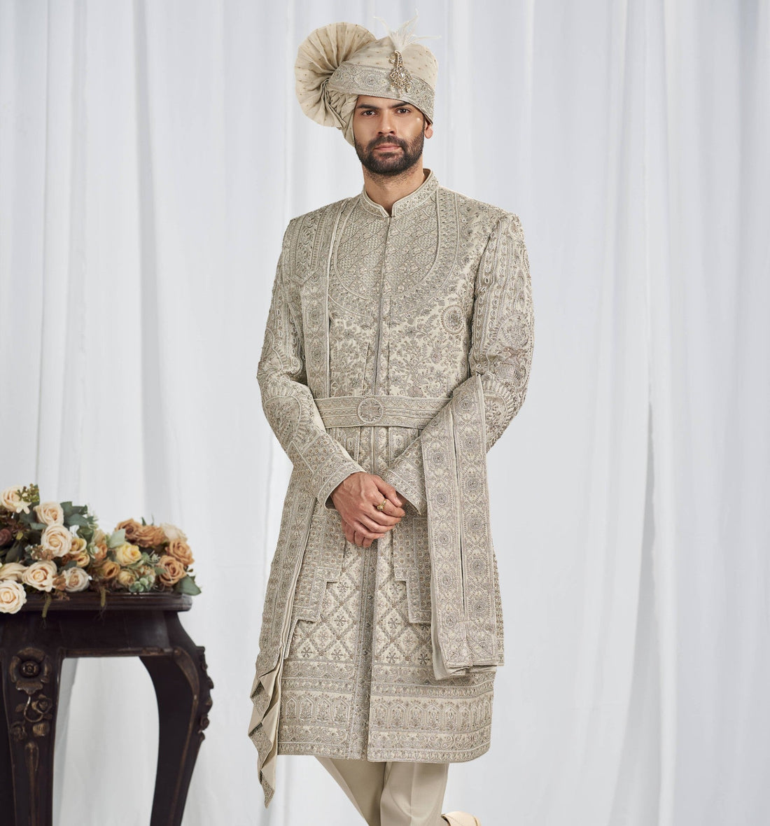 Pistachio Wedding Groom Sherwani - 2 Layer Design | Sherwani For Men