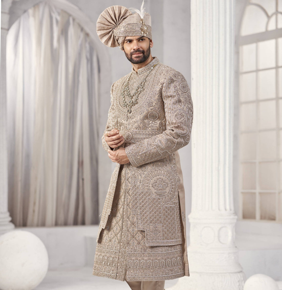 Champagne Golden Wedding Groom Sherwani - 2 Layer Design  | Sherwani For Men