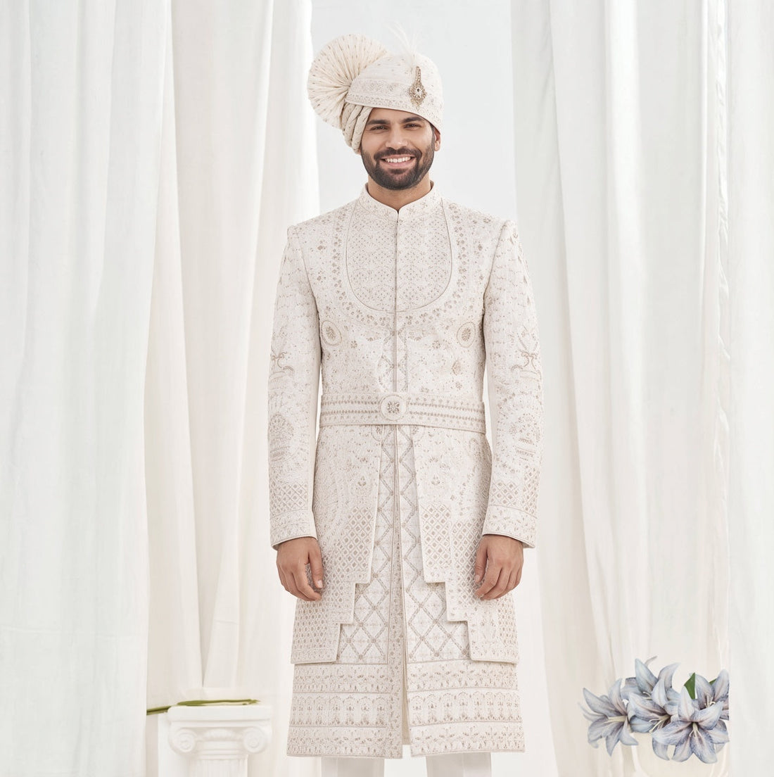White Wedding Groom Sherwani - 2 Layer,  Inner Kurta Design | Sherwani For Men