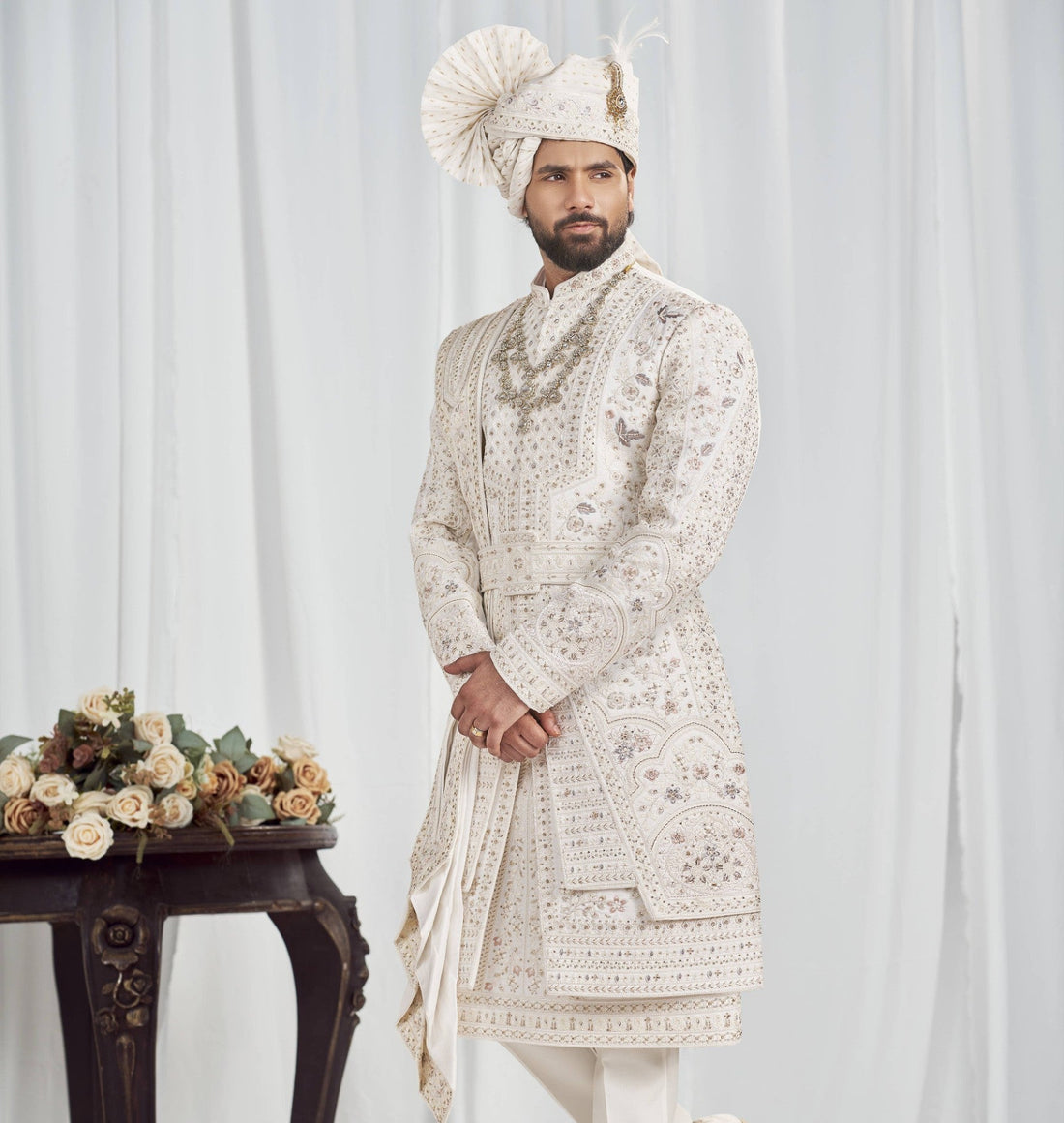 White Wedding Groom Sherwani - 3 Layer Design | Sherwani For Men