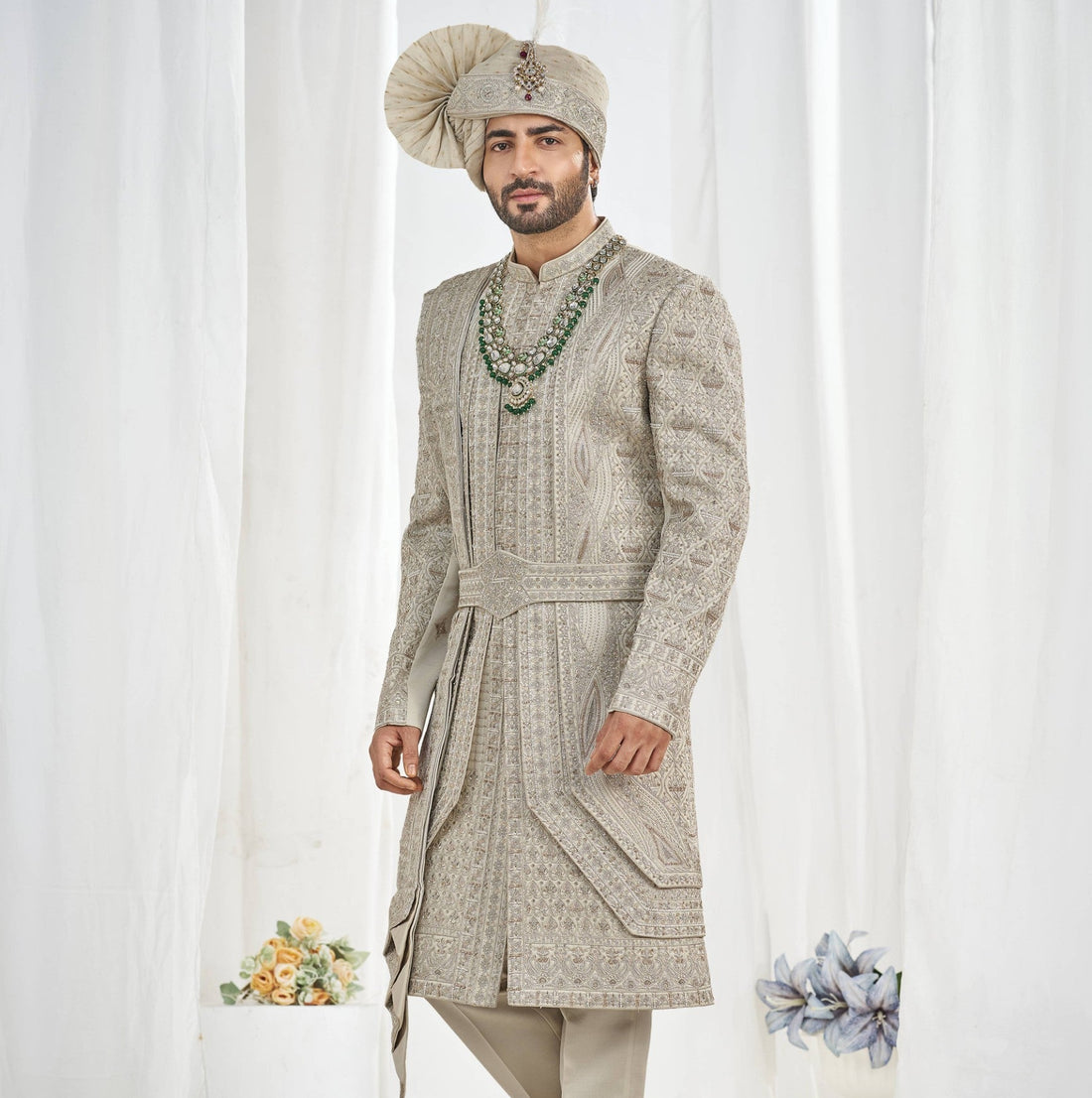 Pistachio Wedding Groom Sherwani - 3 Layer Design | Sherwani For Men