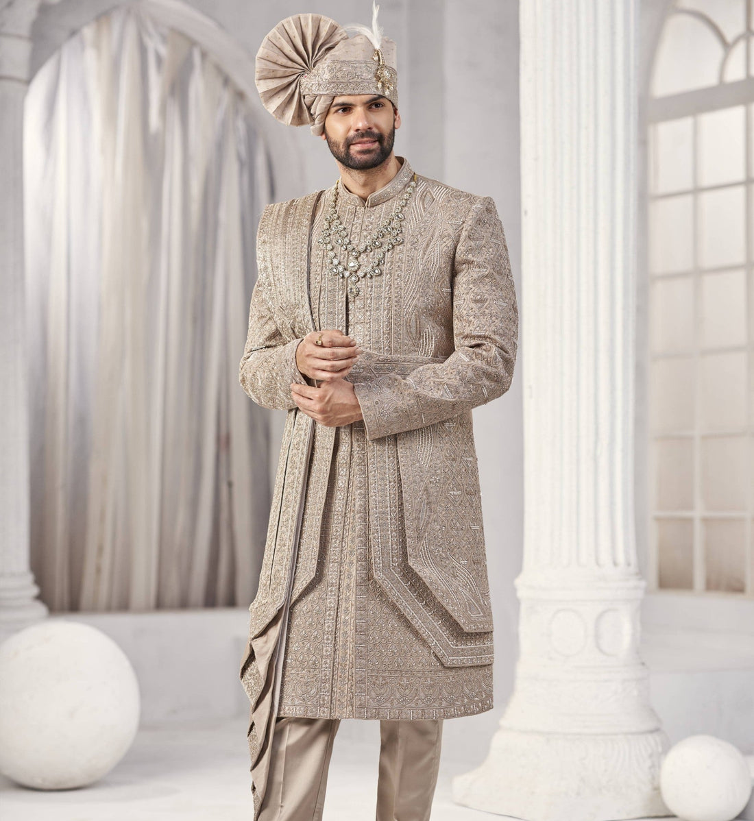 Champagne Golden Wedding Groom Sherwani - 3 Layer Design  | Sherwani For Men