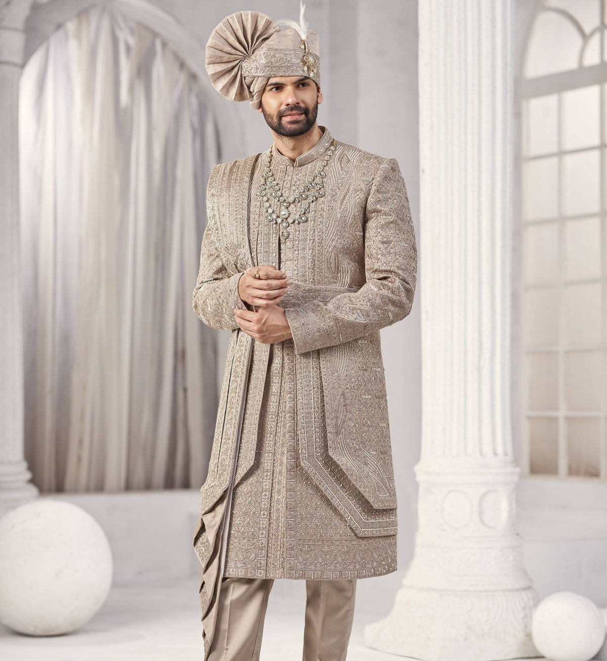 Champagne Golden Wedding Groom Sherwani - 3 Layer Design  | Sherwani For Men