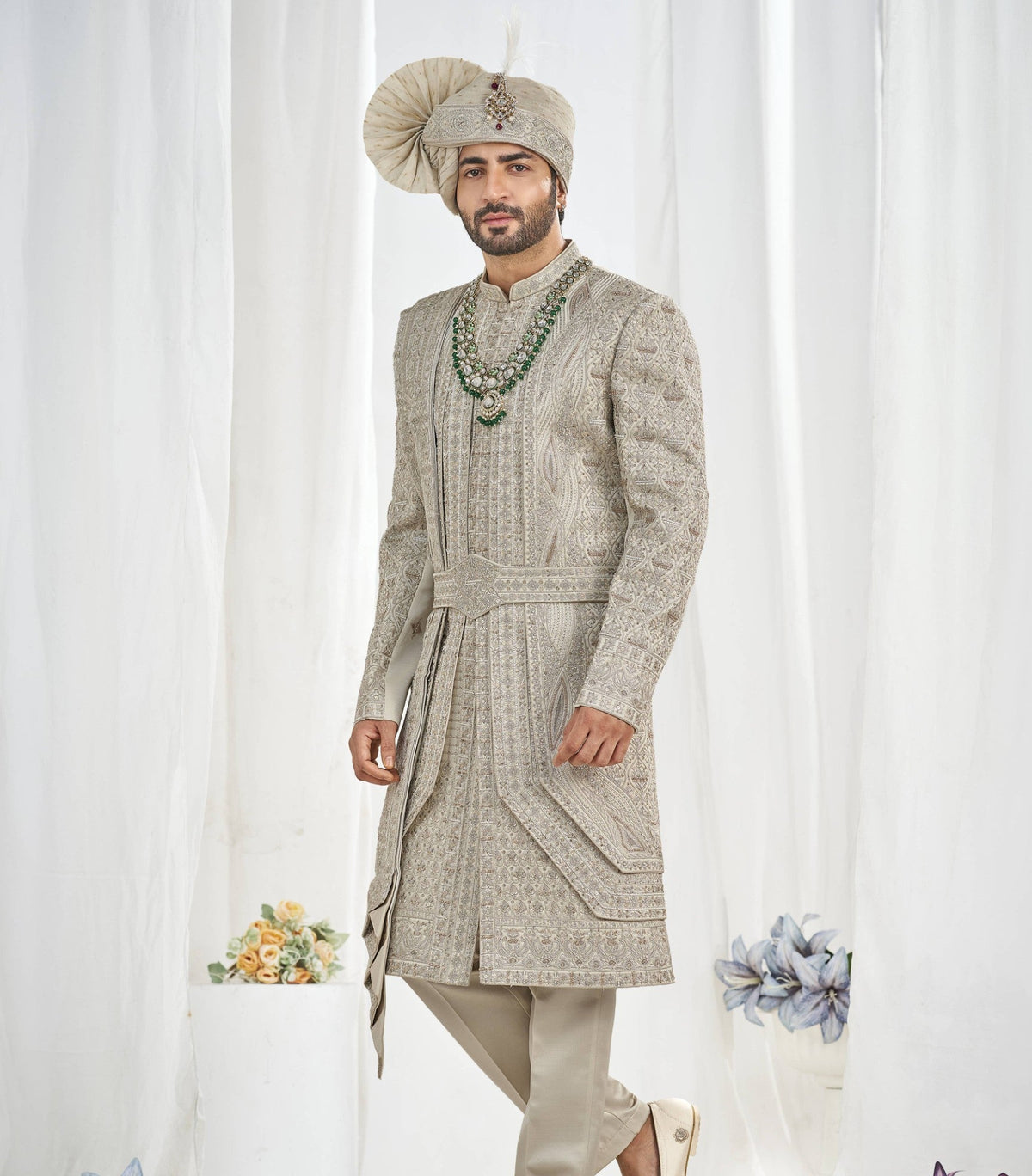 Pistachio Wedding Groom Sherwani - 3 Layer Design | Sherwani For Men