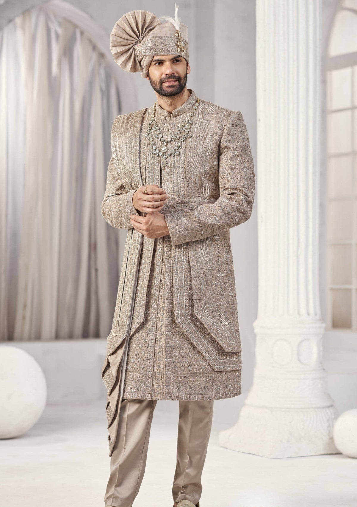 Champagne Golden Wedding Groom Sherwani - 3 Layer Design  | Sherwani For Men