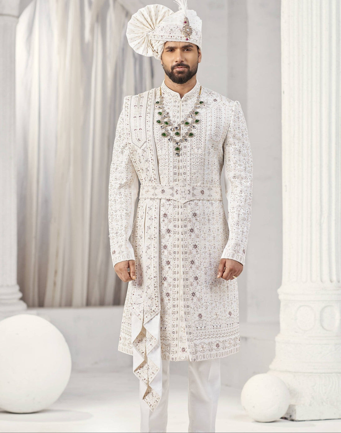 White Wedding Groom Sherwani - Zarkan, Cutdana Work | Sherwani For Men