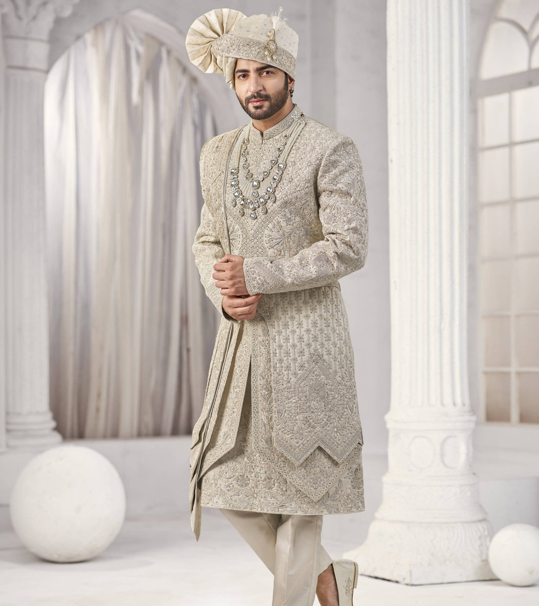 Champagne Golden Wedding Groom Sherwani - 3 Layer Design  | Sherwani For Men