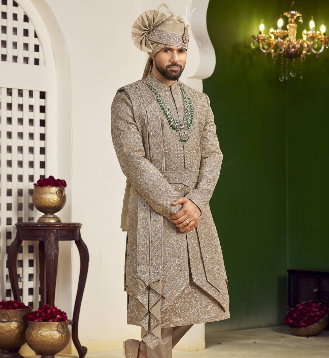 Copper Golden Groom Sherwani - Zari Embroidery| Sherwani For Men