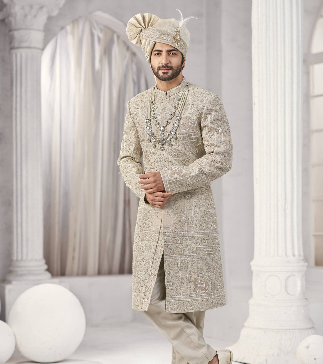 Champagne Golden Wedding Groom Sherwani - Diamond Studded Design  | Sherwani For Men