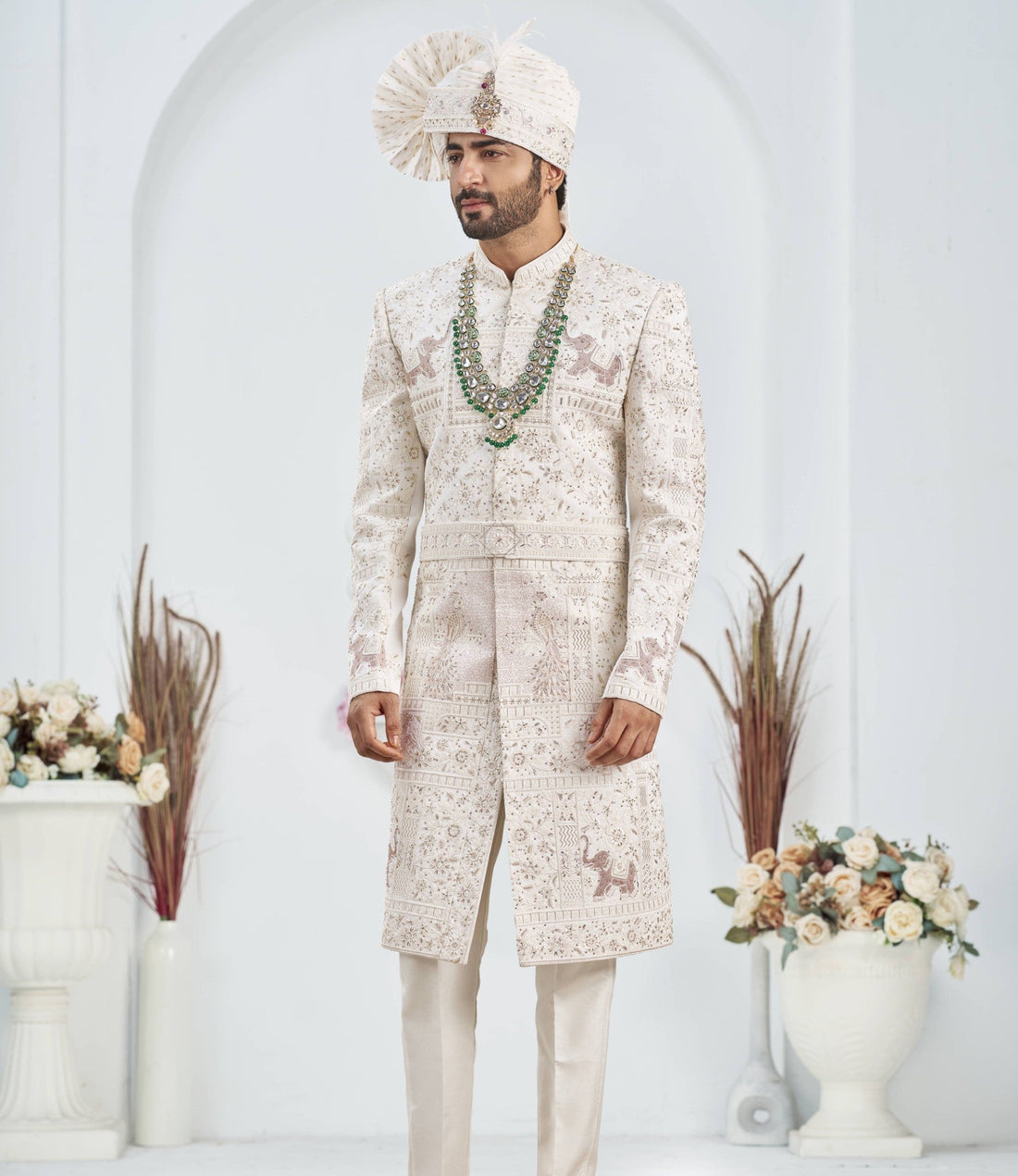 White Wedding Groom Sherwani - Zarkan, Cutdana Work | Sherwani For Men