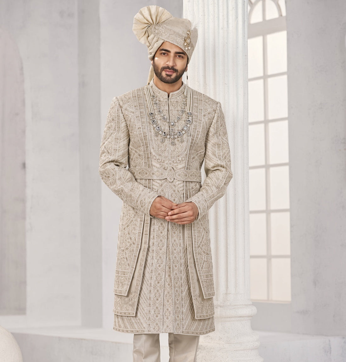 Champagne Golden Wedding Groom Sherwani - 3 Layer Design  | Sherwani For Men