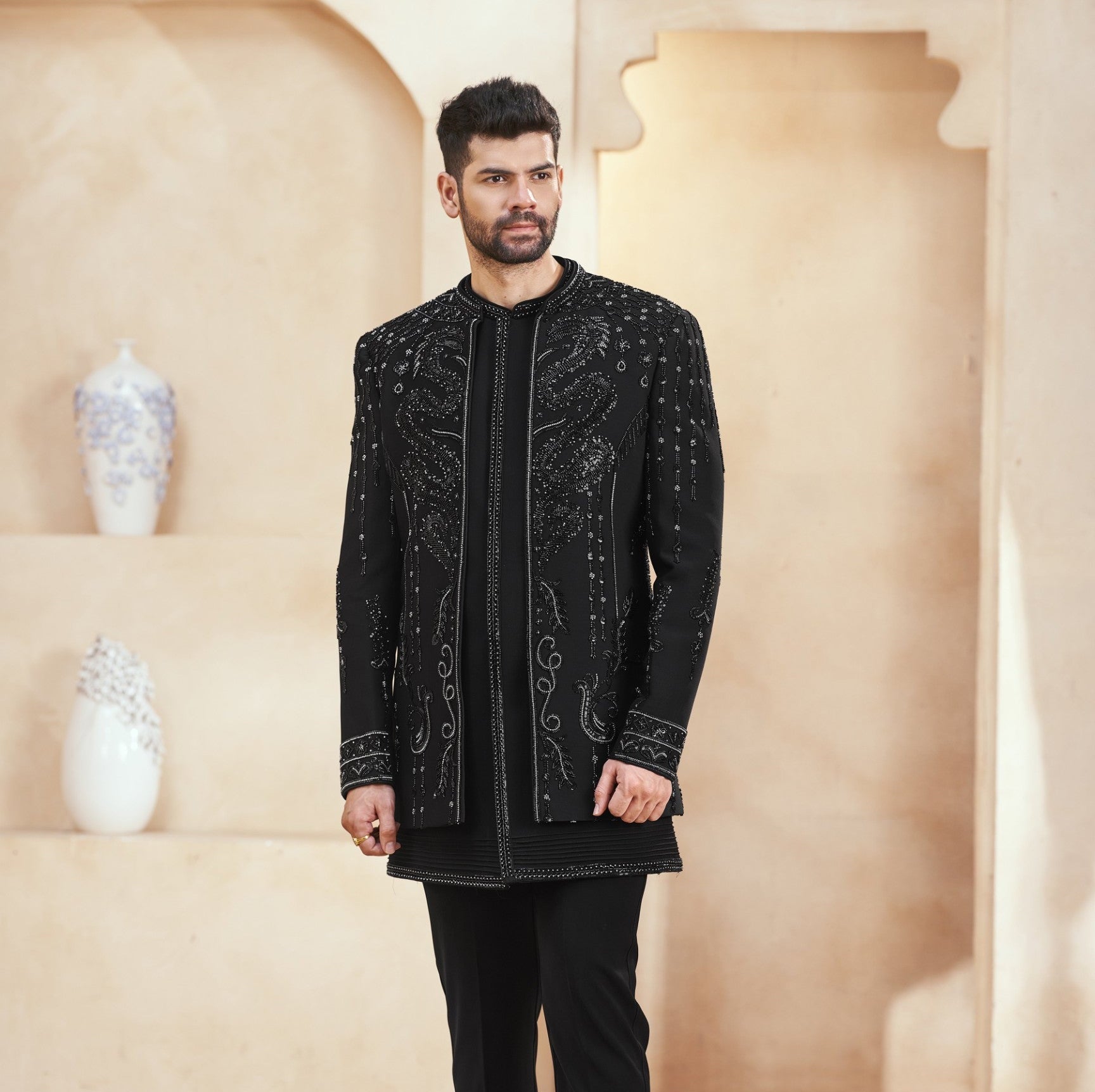 Black Indo-Western Sherwani with Shawl for Men | Indian Groom Wedding Outfit
