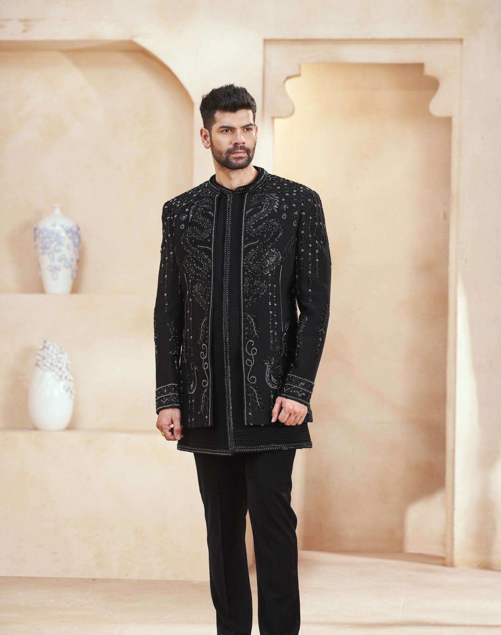 Black Indo-Western Sherwani with Shawl for Men | Indian Groom Wedding Outfit