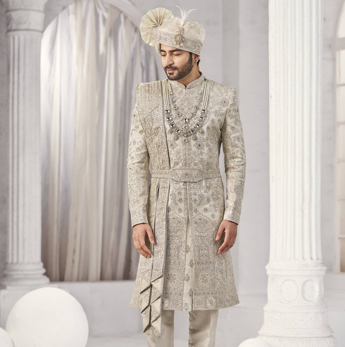 Champagne Golden Wedding Groom Sherwani - Diamond Studded Design  | Sherwani For Men