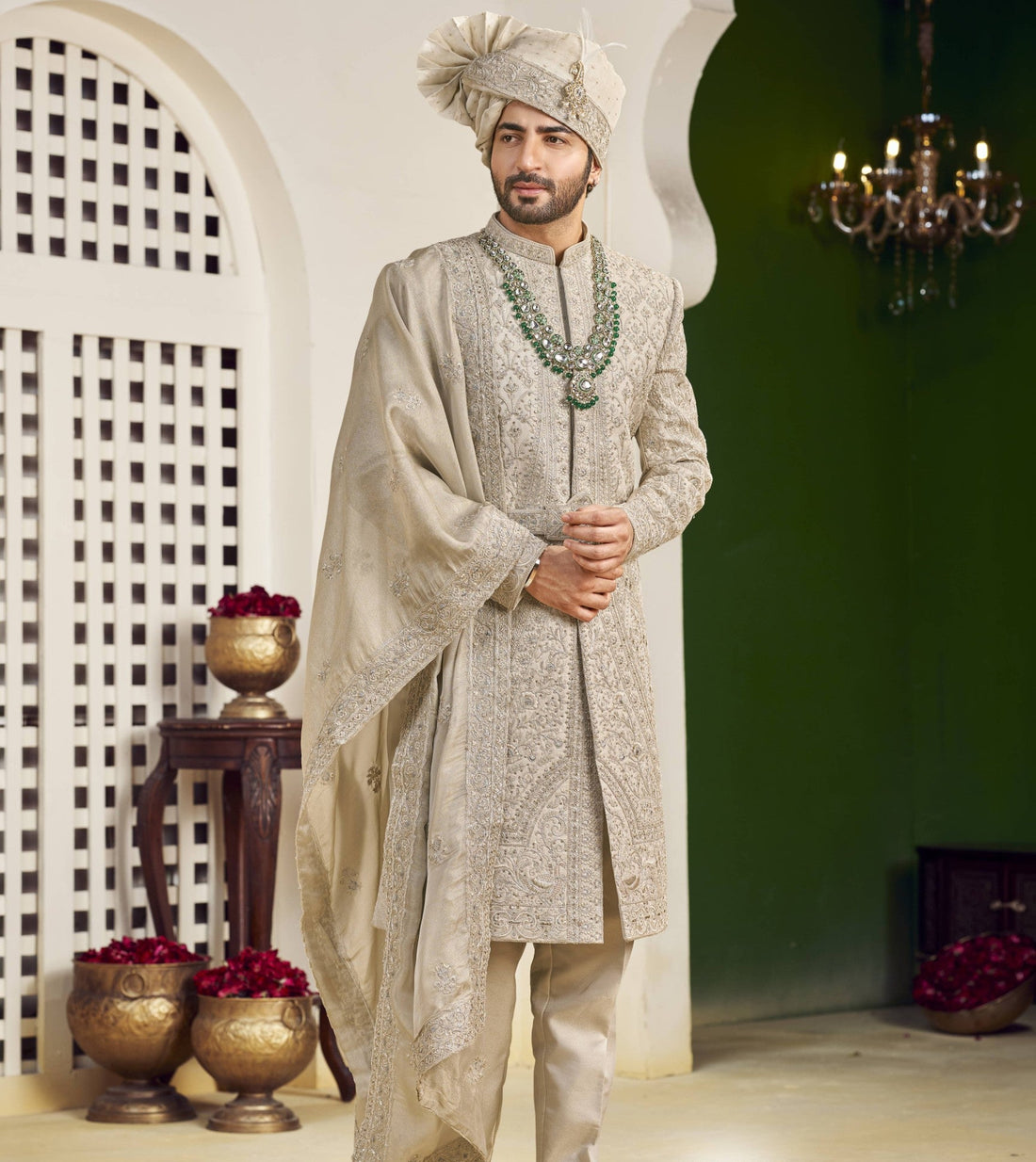 Champagne Golden Wedding Groom Sherwani - Diamond Studded Design  | Sherwani For Men