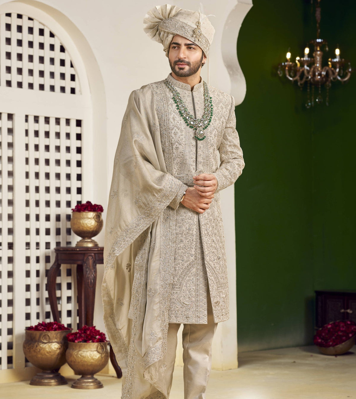 Champagne Golden Wedding Groom Sherwani - Diamond Studded Design  | Sherwani For Men