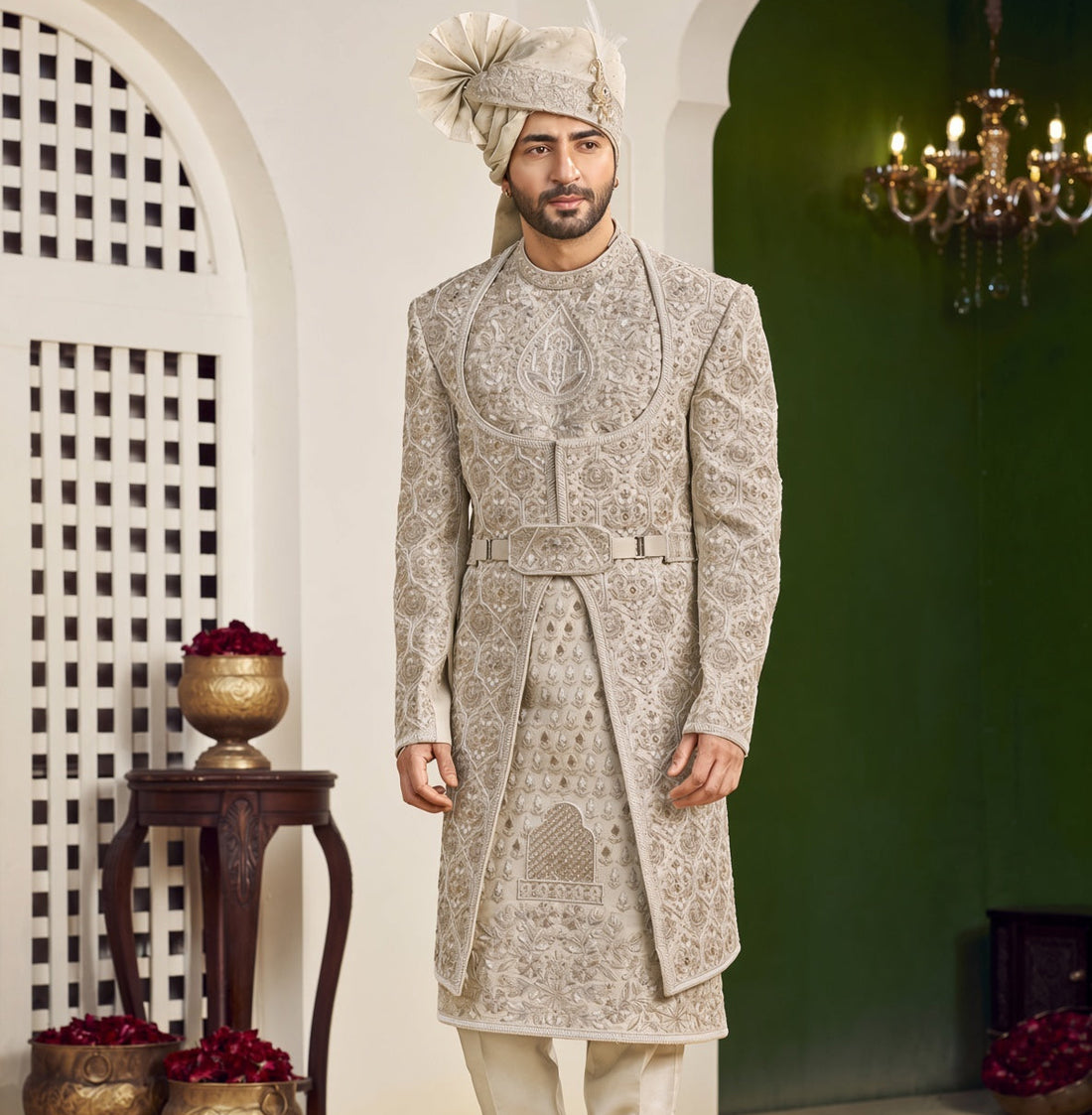 Champagne Golden Wedding Groom Sherwani - 2 Layer Kurta Design  | Sherwani For Men