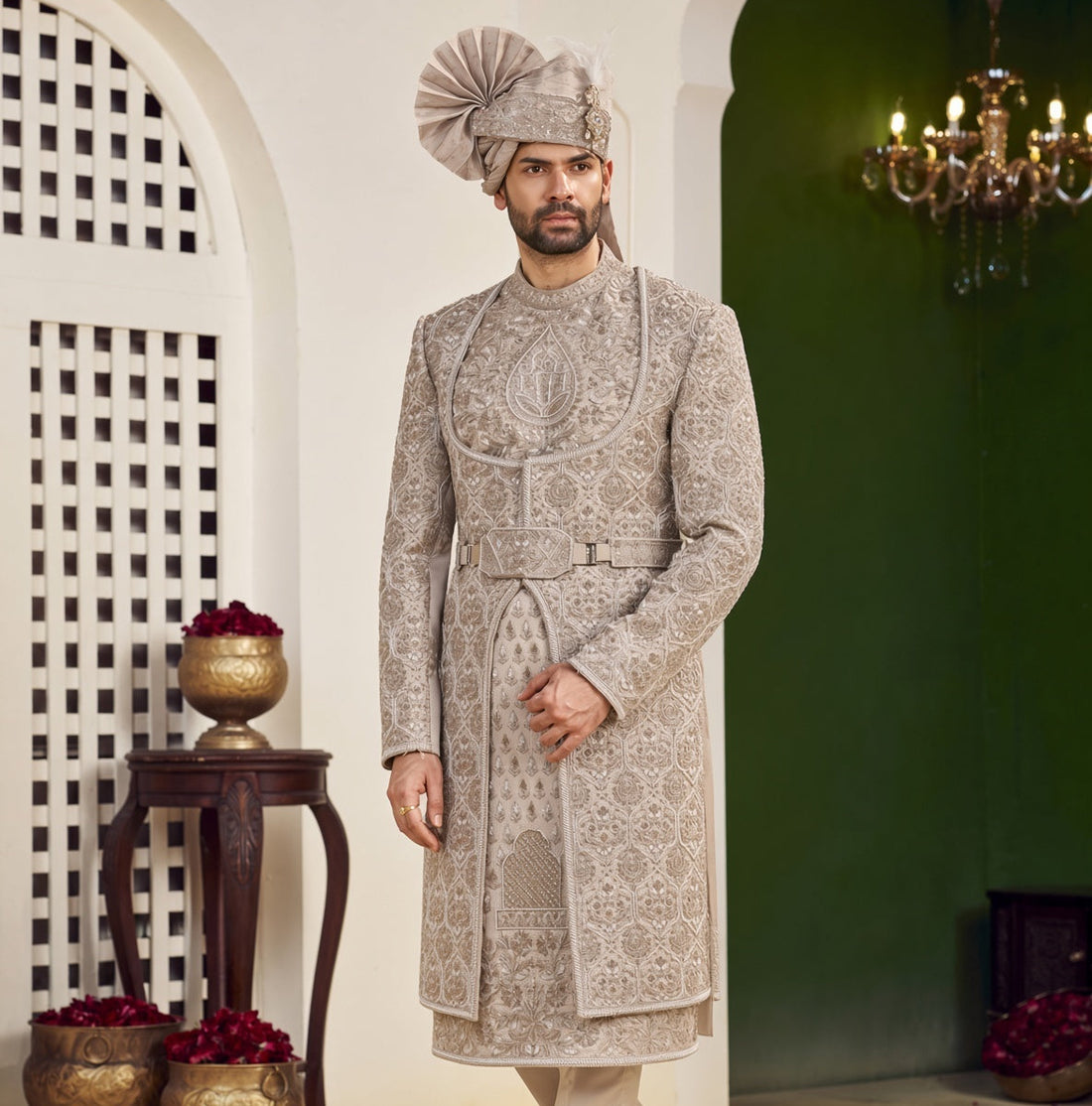 Champagne Golden Wedding Groom Sherwani - 2 Layer Kurta Design  | Sherwani For Men