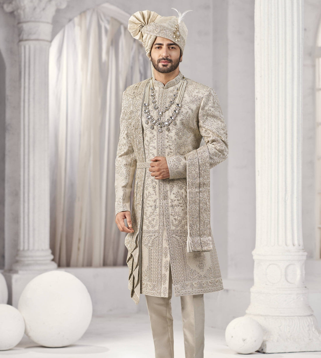 Champagne Golden Wedding Groom Sherwani - Diamond Studded Design  | Sherwani For Men
