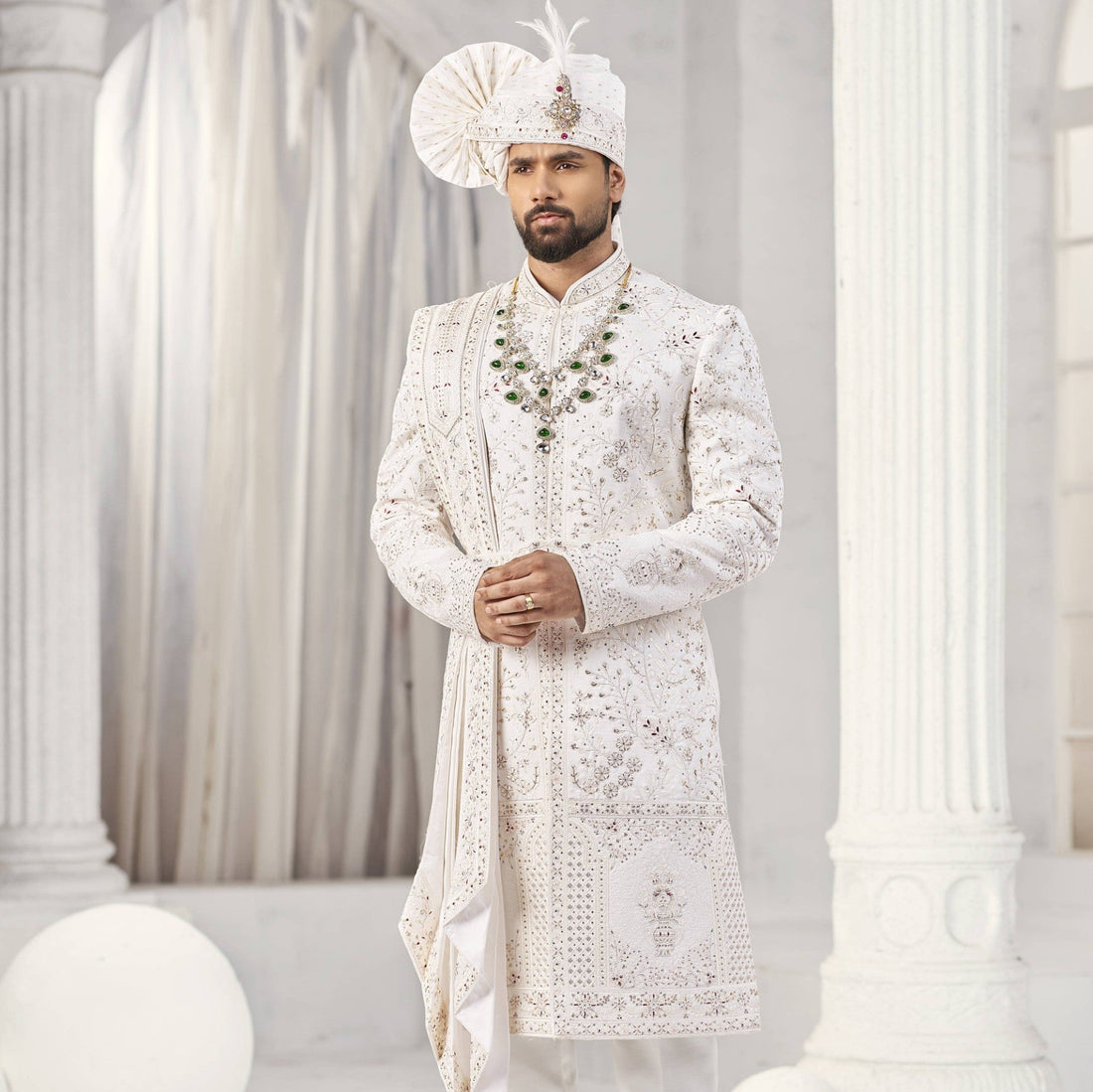White Wedding Groom Sherwani - Zarkan Work | Sherwani For Men