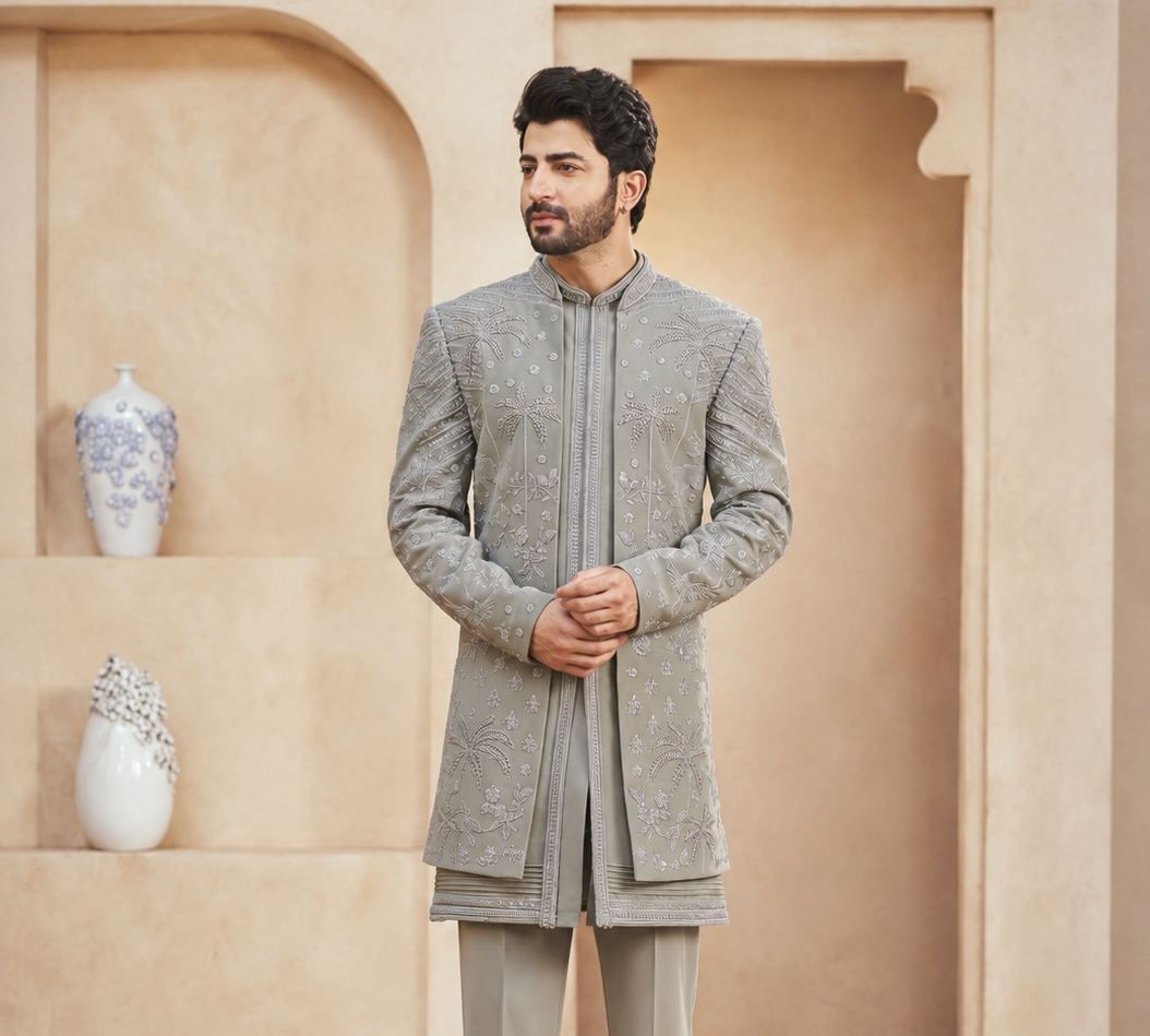 Pistachio Green Indo-Western Sherwani for Men | Indian Groom Wedding Outfit
