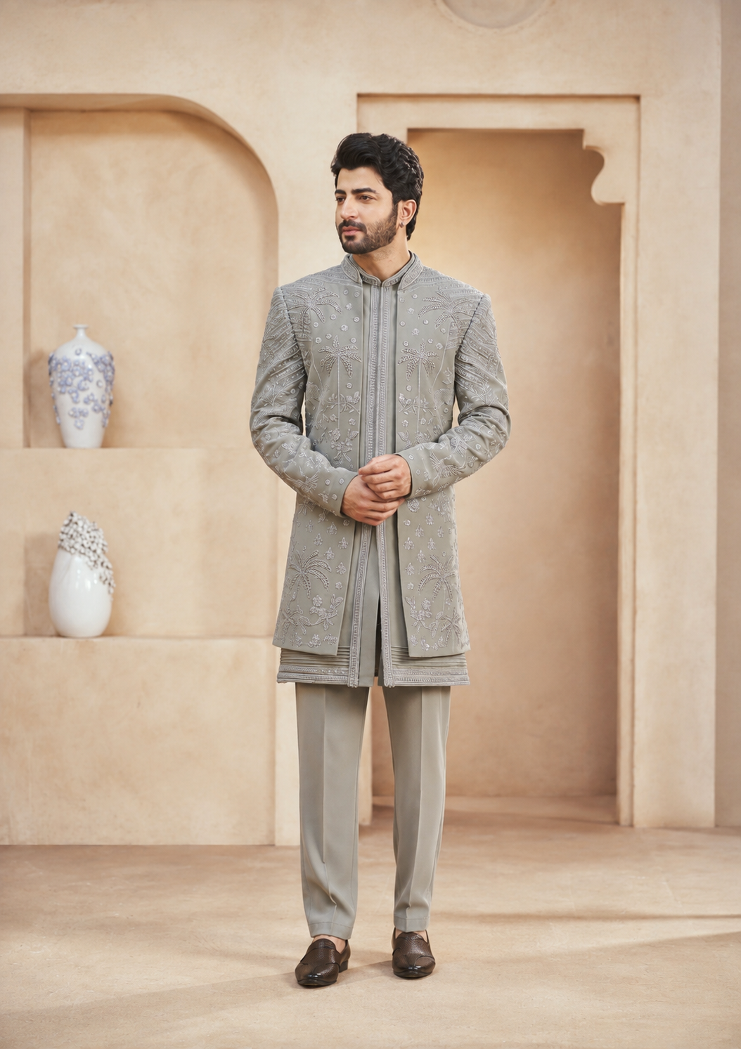 Pistachio Green Indo-Western Sherwani for Men | Indian Groom Wedding Outfit