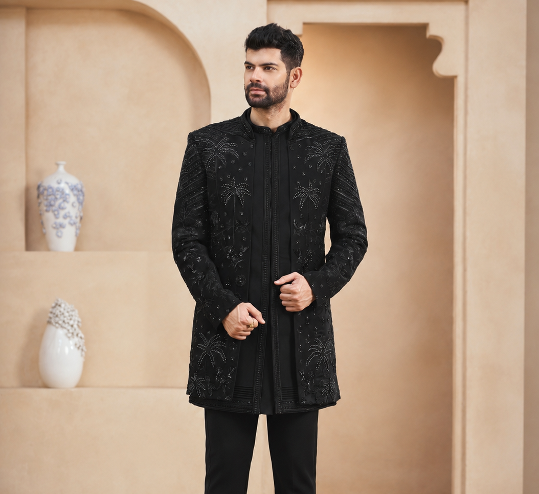 Black Indo-Western Sherwani with Shawl for Men | Indian Groom Wedding Outfit