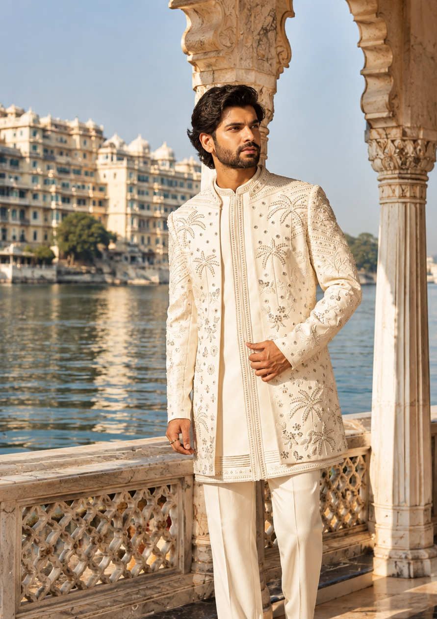 Cream Indo-Western Sherwani for Men | Indian Groom Wedding Outfit