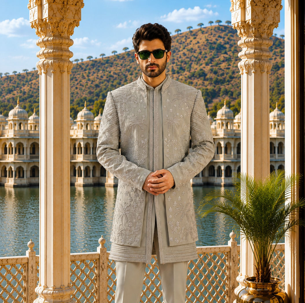 Pistachio Green Indo-Western Sherwani for Men | Indian Groom Wedding Outfit