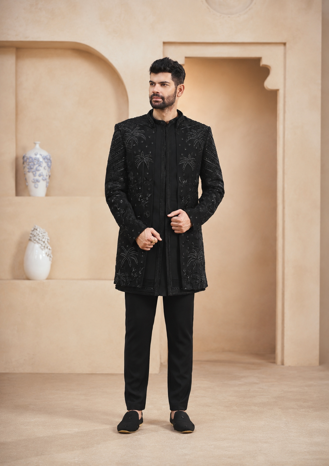 Black Indo-Western Sherwani with Shawl for Men | Indian Groom Wedding Outfit