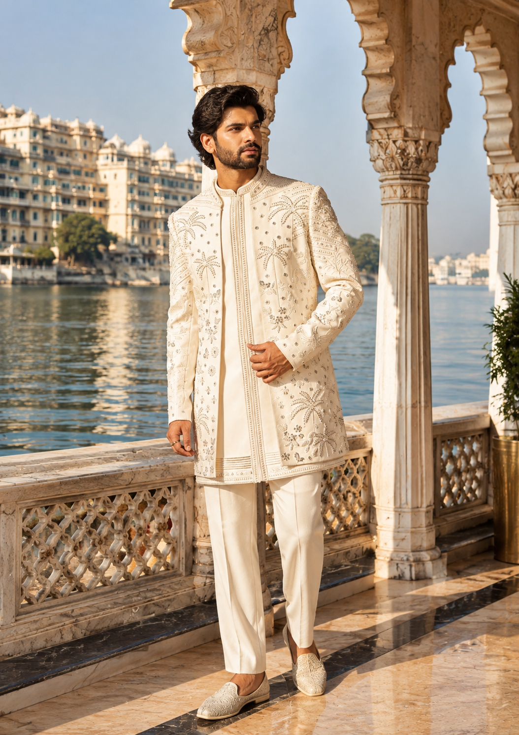 Cream Indo-Western Sherwani for Men | Indian Groom Wedding Outfit