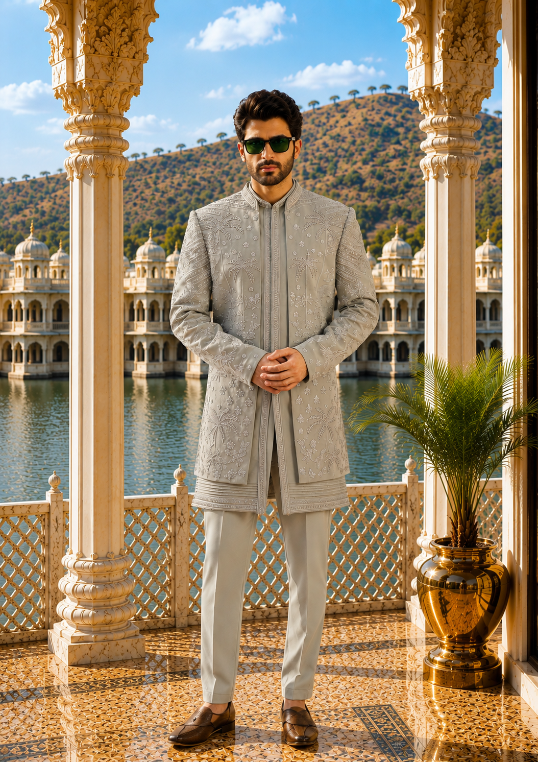 Pistachio Green Indo-Western Sherwani for Men | Indian Groom Wedding Outfit