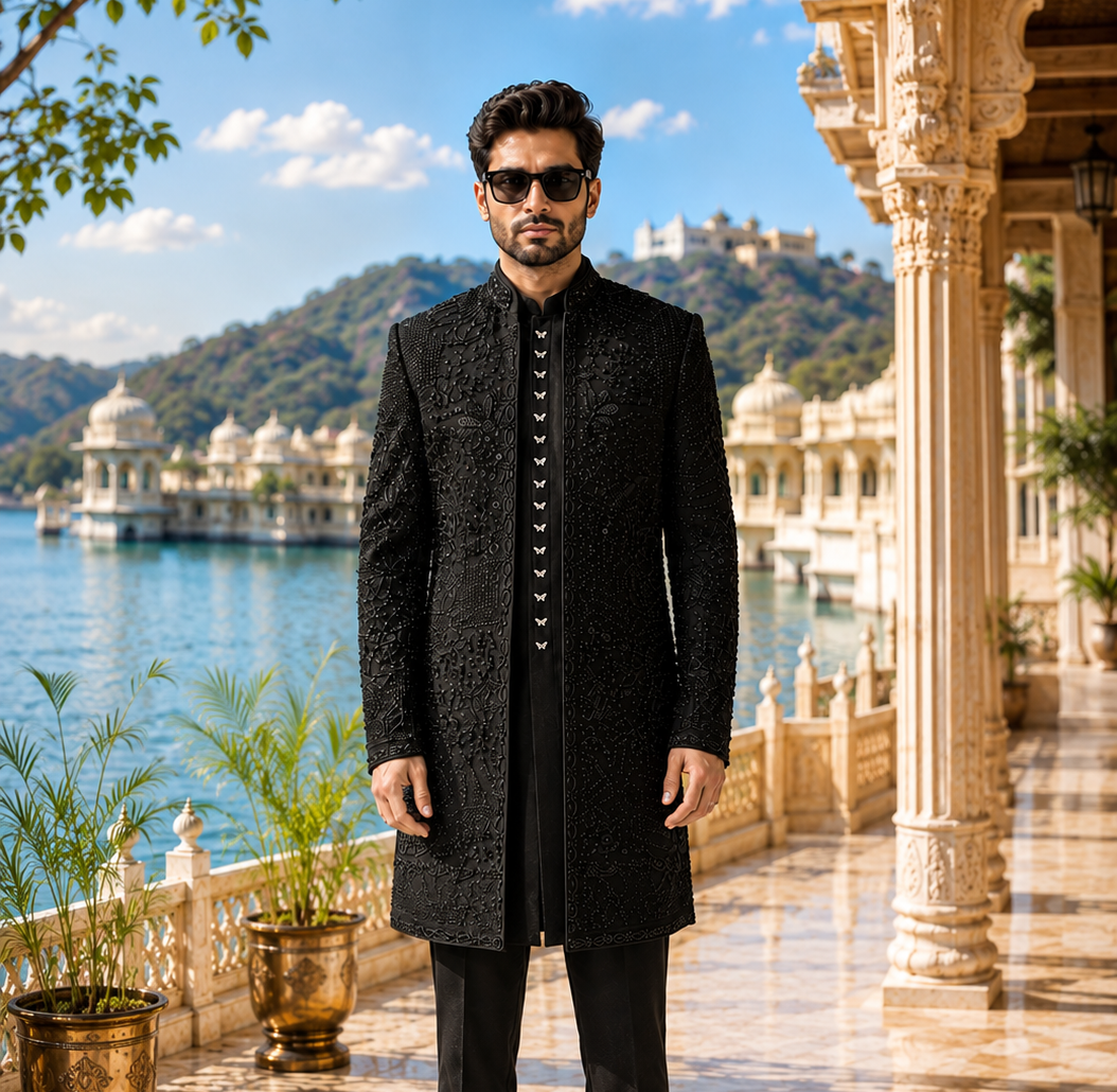 Black Indo-Western Sherwani with Shawl for Men | Indian Groom Wedding Outfit